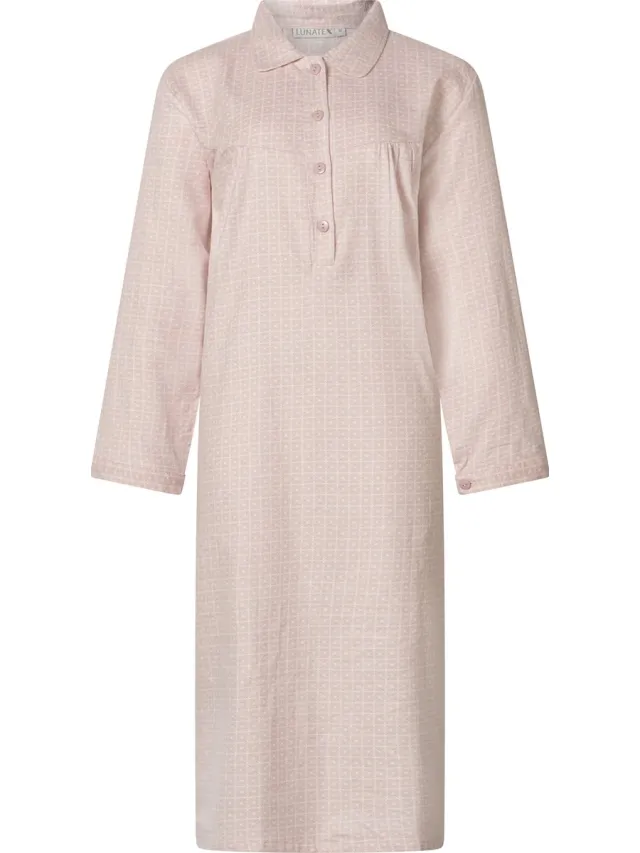 Lunatex klassiek dames nachthemd 643778 met knoopsluiting - warm flanel - roze