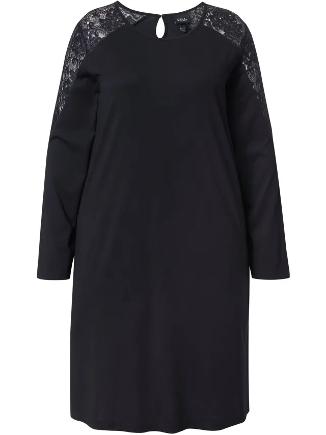 Ulla Popken Dames - Nachthemd kant ronde hals lange mouwen modalmix - Zwart - Maat 62+