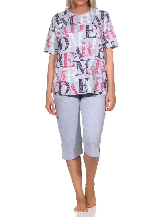 Normann dames capri pyjama met korte mouwen - ook in grote maten grau-mel.