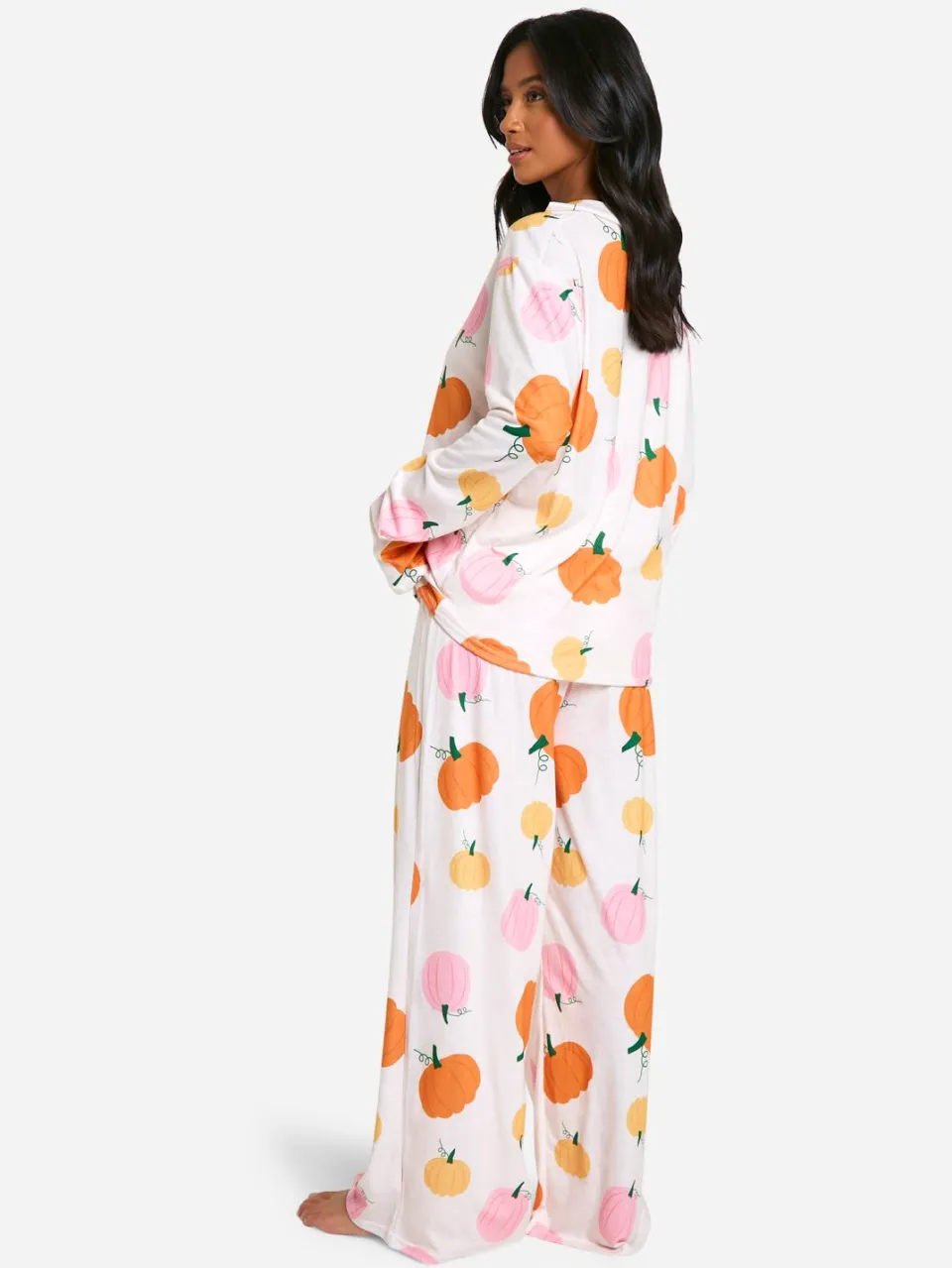 boohoo Dames Petite pyjama set met pompoenprint oranje, foto 2