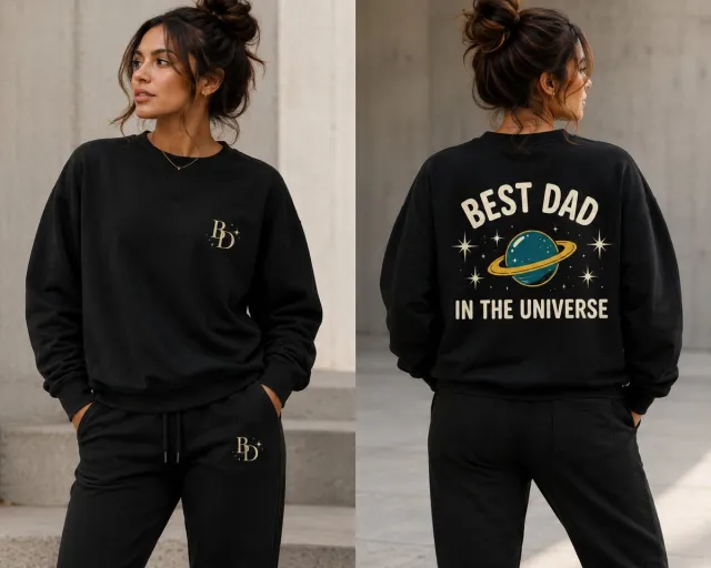 modemix Unisex Sweater en Joggingbroek Set Zwart - Best Dad In The Universe - Oversized Streetwear Trainingspak - Katoenmix Black with Multicolor Print