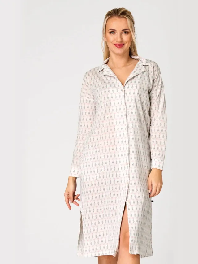 Key Katoenen Dames Nachthemd Lange Mouw Zomer Knoopsluiting Print Wit Roze LND 879 40 /