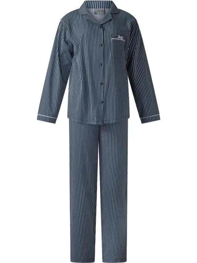 Lunatex dames pyjama 124239 met doorknoop - 100% katoen - donkerblauw met wit