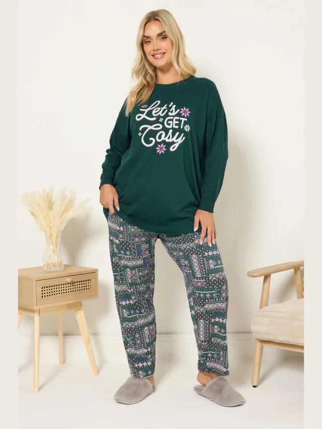 Yours Green 'Lets Get Cosy' Fairisle Pyjamaset Met Wijde Pijpen-44, foto 4