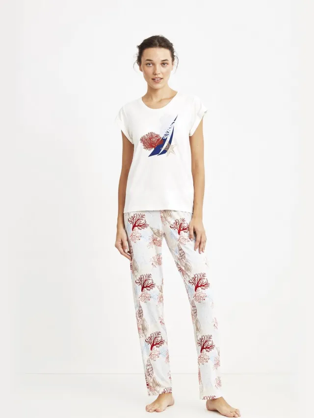 Nautica Dames Pyjama Set, Korte Mouwen Wit