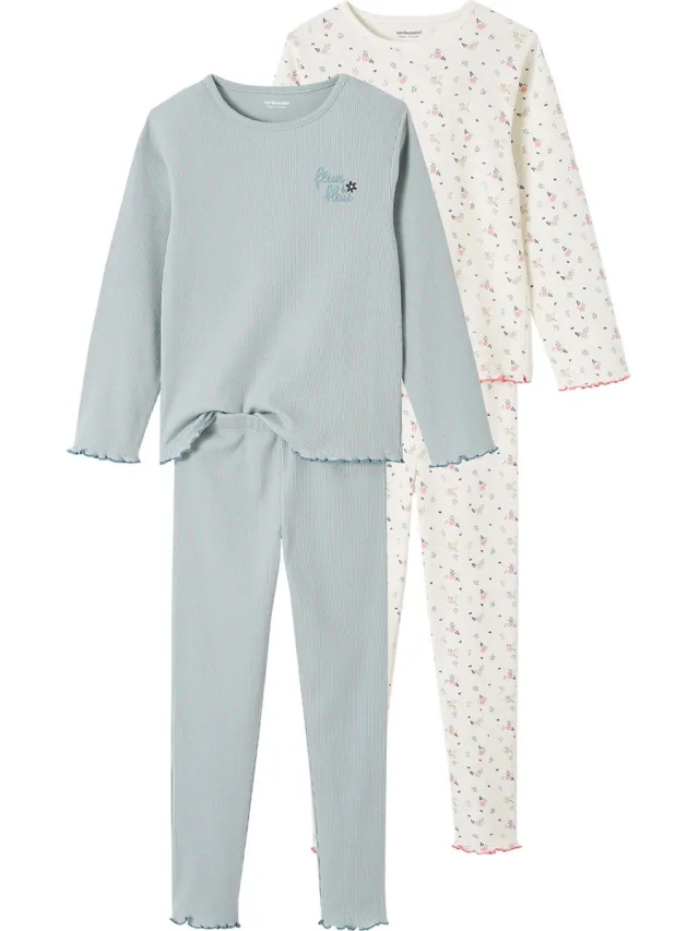 vertbaudet Set van 2 meisjespyjama's van ribtricot grijsblauw
