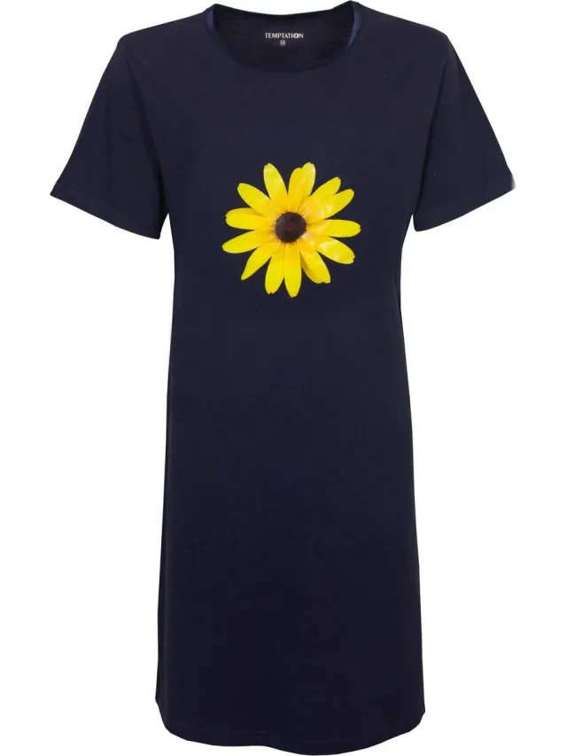 Temptation Dames Nachthemd - Bigshirt - Zonnebloem Print - Donkerblauw