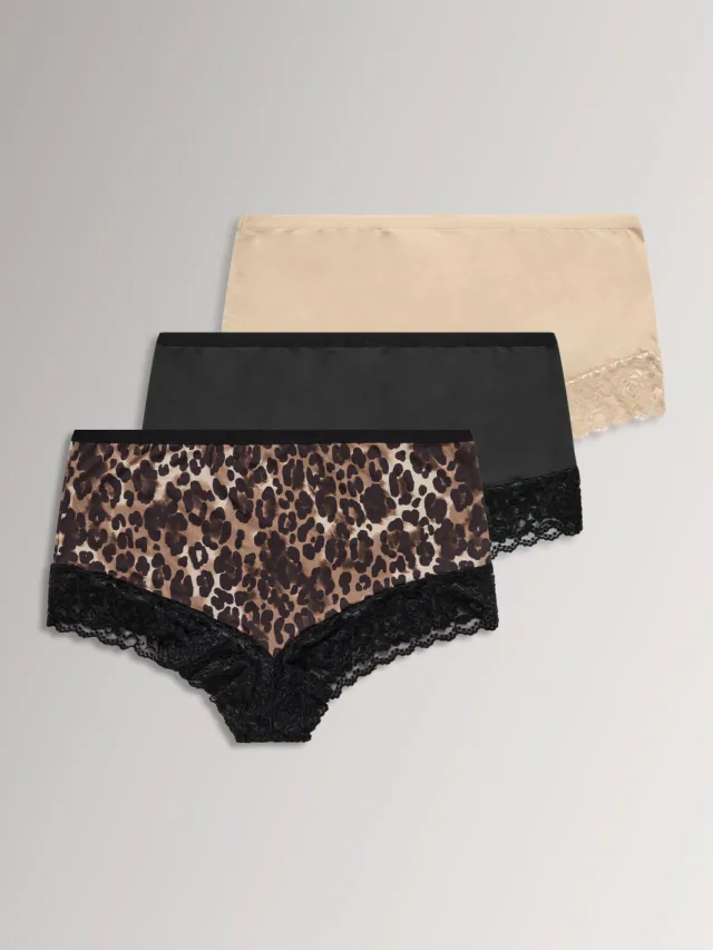Yours Yourset 3Pack Natuurlijke Bruine Maxislips Met Luipaardprint En Kantsize 50-52 Brown