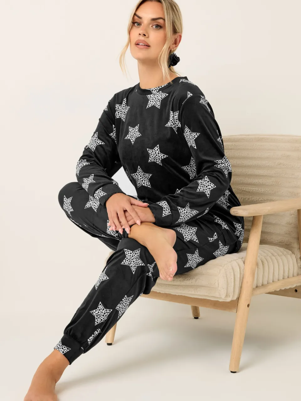 Yours Zwarte Sterrenprint Fleece Pyjama & Scrunchie Set-52, foto 3