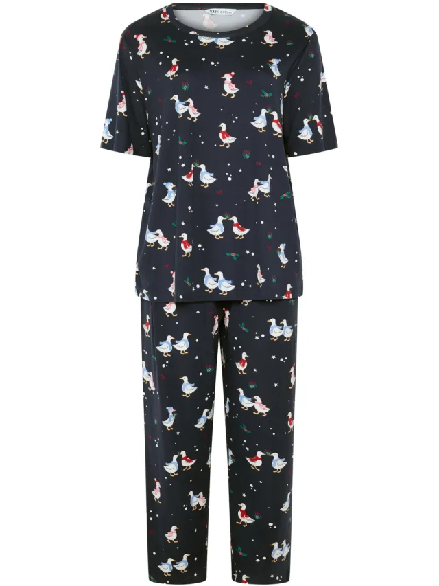 Yours Donkerblauwe Pyjamaset Met Ganzenprint En Wijde Pijpen-48 Blue