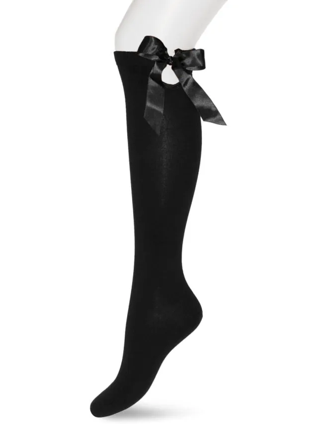 Bonnie Doon Dames Katoenen Kniekousen met Strik Zwart - Knie Kousen - Satijnen Strik - Knie Sokken - Uitstekend draagcomfort - Big Bow Knee High - Kniesokken - Zakt niet af - Black - BE951540.101
