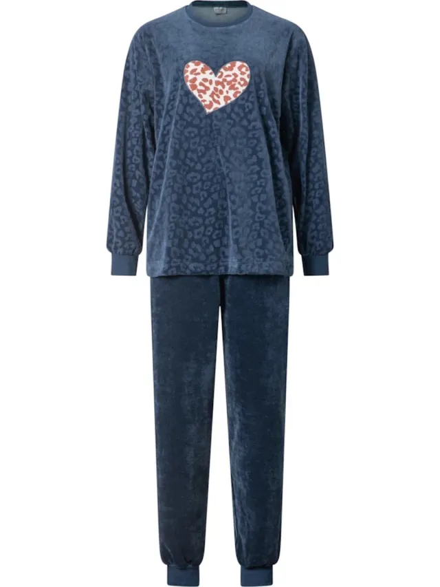 Lunatex warme dames pyjama velours 124209 - navy/bruin