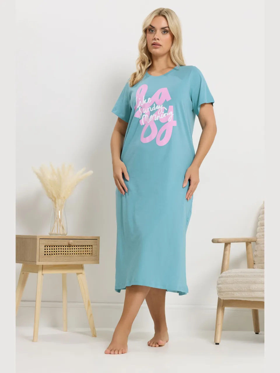 Yours Set Van 2 Blauwe Midaxinachthemden 'Lazy Like Sunday Morning'-52, foto 3