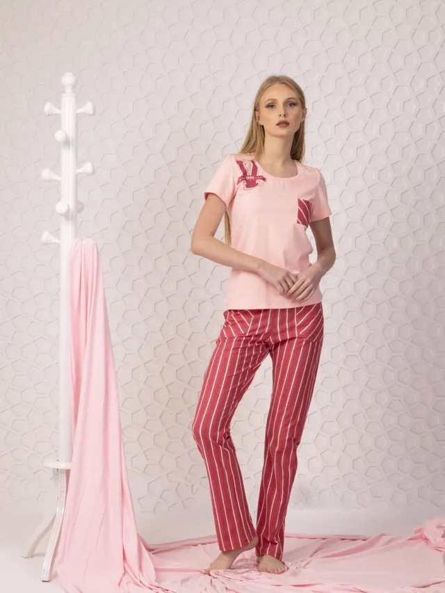 Vanilla Stripes dames pyjama - Pyjamasets - Egyptisch katoen - Roze - 8903
