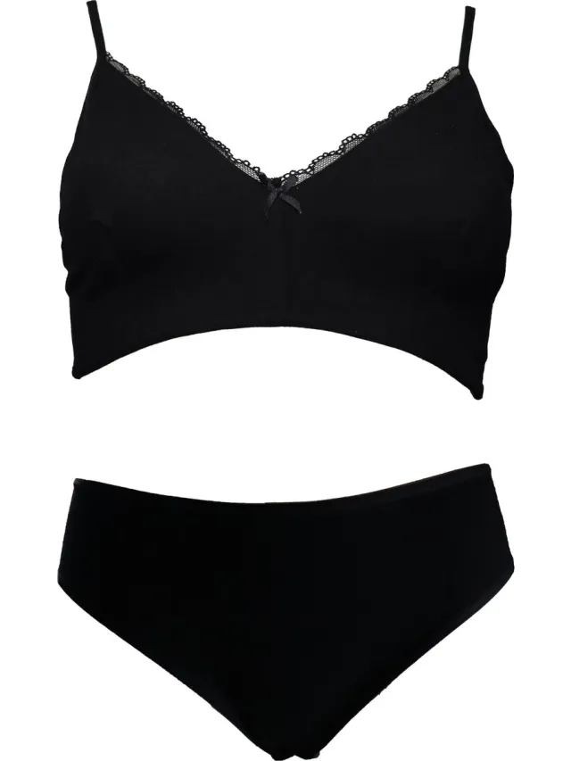 Vanilla Dames Beha met Slip, Bh zonder beugel, Lingerie - Egyptisch katoen - Zwart