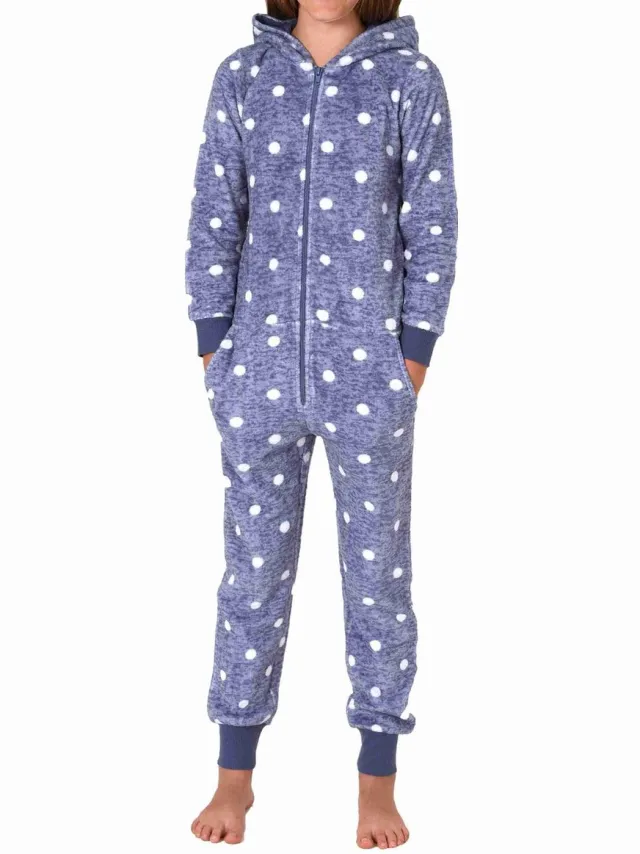Normann Behaaglijke Meisjespyjama Jumpsuit Overall in koraalrode fleece met stippenlook blau