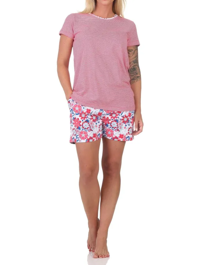 Normann damespyjama Shorty met korte mouwen, gestreepte top - ook in grote maten