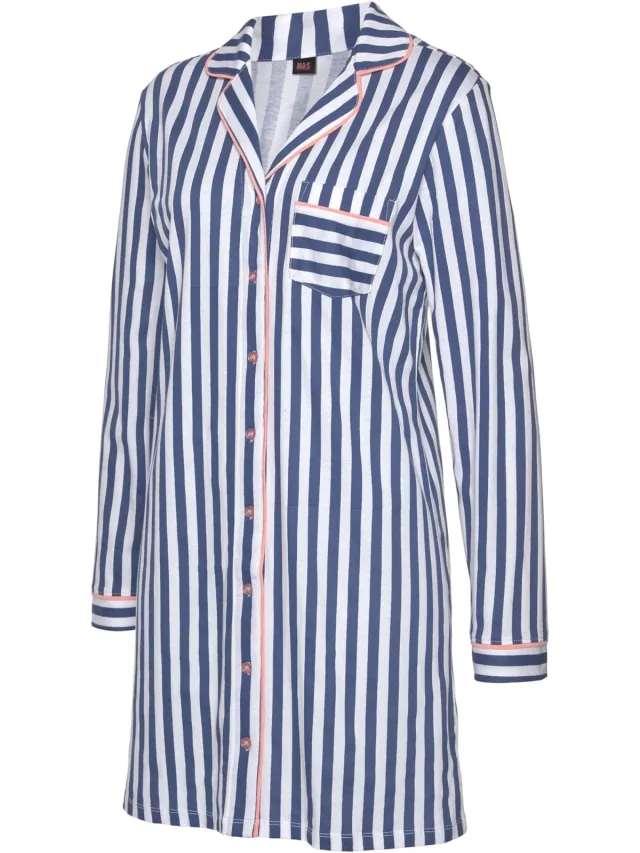 nachthemd blauw gestreept met reverskraag blauw/wit/peach