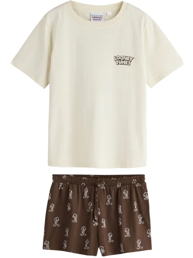 Next Dames - Pyjama met short - Crème Ecru/Brown Looney Tunes