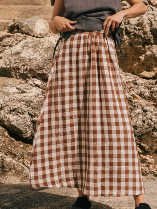 AmourLinen dames vegan Maxirok Mona Mokka Gingham Bruin