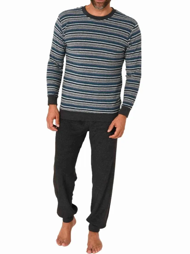 Normann Herenpyjama in badstof met lange mouwen en manchetten in streepjes-look - ook in overmaten blau