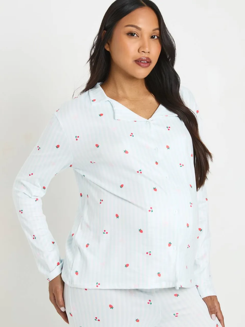 boohoo Dames Zwangerschaps Streep En Fruit Print Pyjama Set Met Lange Mouwen Shirt & Broek blauw, foto 4