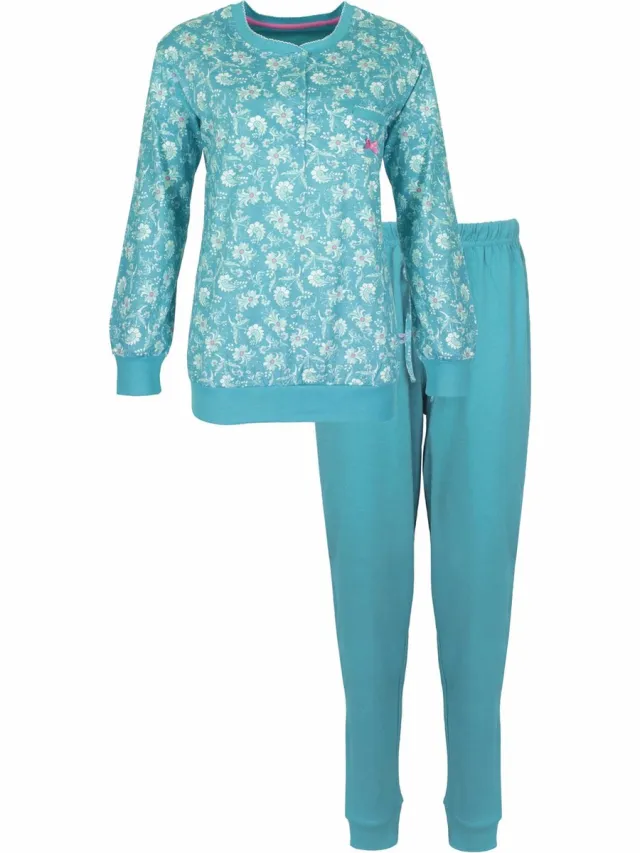 Tenderness Dames Pyjama - Katoen - Bloemen - Aqua Groen