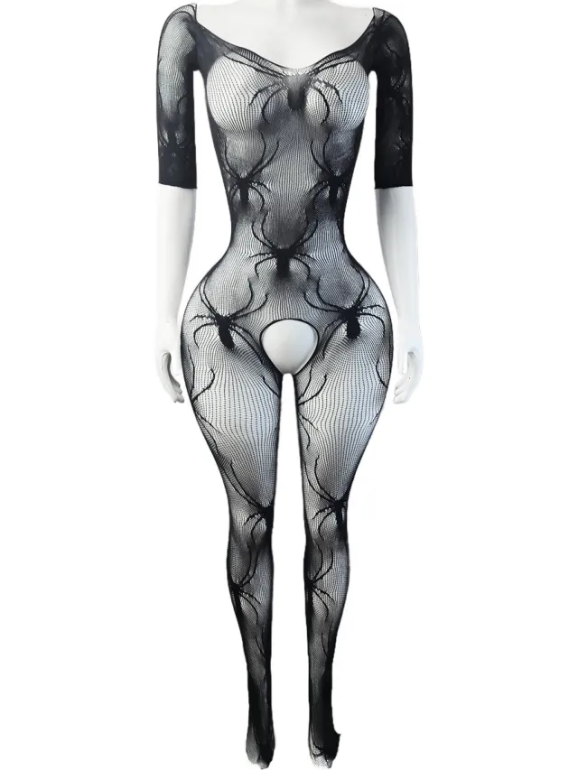 BamBella ® - Panty pak -Onesize - body suit - Dames - Onesize - Erotische jumpsuit van kant lingerie zwart spin halloween