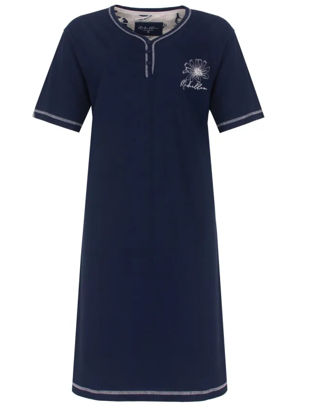 Medaillon Dames Nachthemd - Korte Mouwen - Katoen - Donker Blauw Donkerblauw