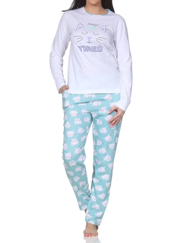 Normann dames pyjama met lange mouwen en kattenmotief – ook in grote maten türkis