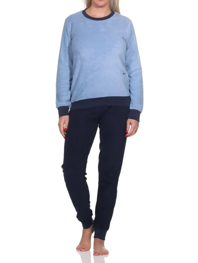 Normann damespyjama badstof met lange mouwen en manchetten - pyjama ook in oversize blau