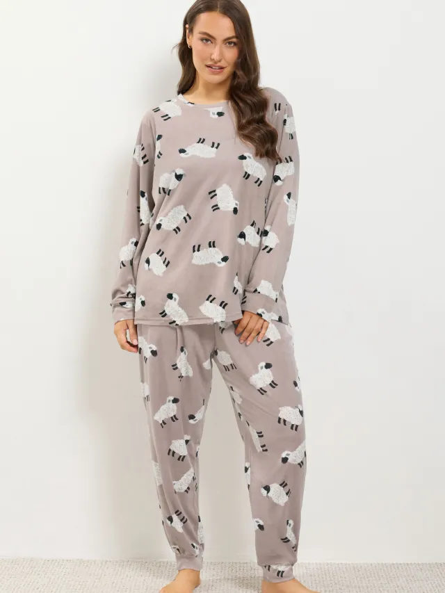 Yours Bruine Lichtgewicht Fleece Pyjamaset Met Schapenprint En Scrunchie-42 Brown