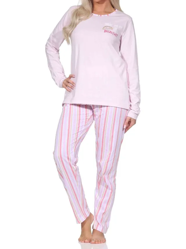 Normann pyjama met lange mouwen voor dames, inclusief pyjamabroek met streepmotief flieder