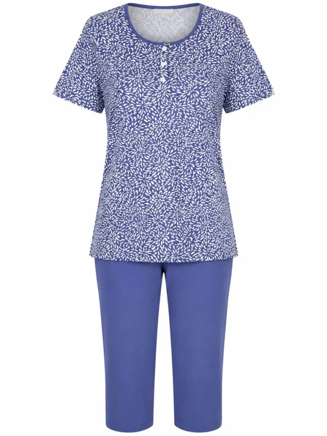 Hajo Dames pyjama met capri broek - blauw - katoen
