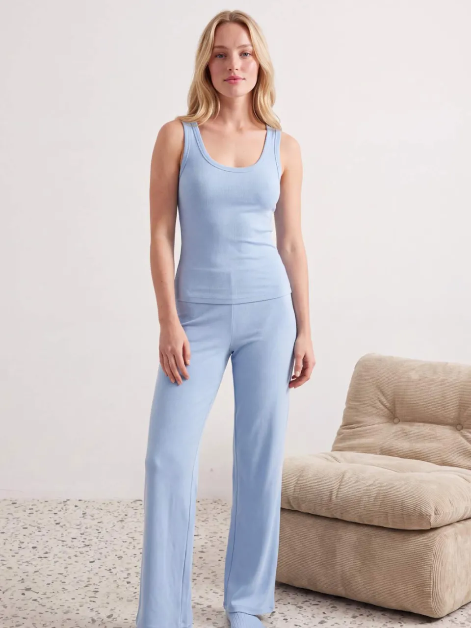Trendyol TRENDYOLMİLLA Dames 2-pack Blauw Effen Lang Loungewear Regular fit Pyjama- Sets