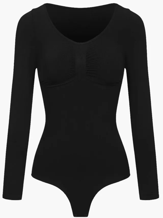 cfab Bodysuit met corrigerende werking, lange mouwen en strik, zwart