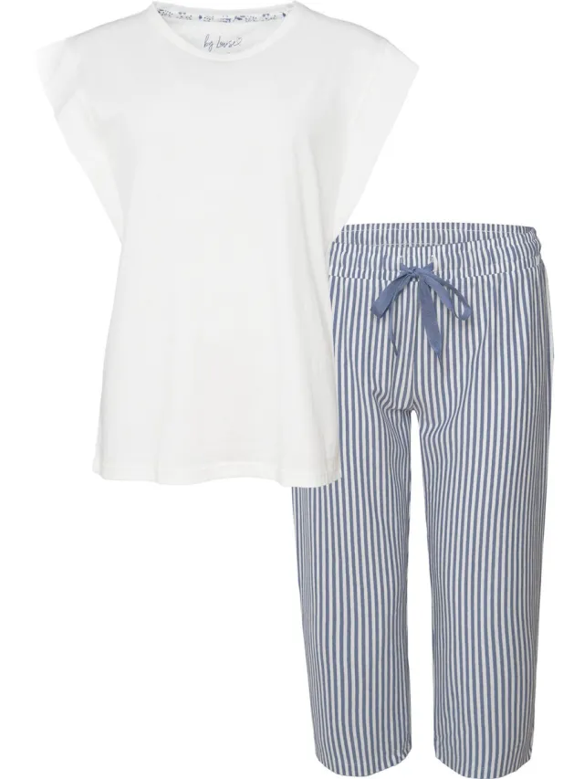 By Louise Dames Capri Korte Pyjama Set Wit/Blauw Gestreept