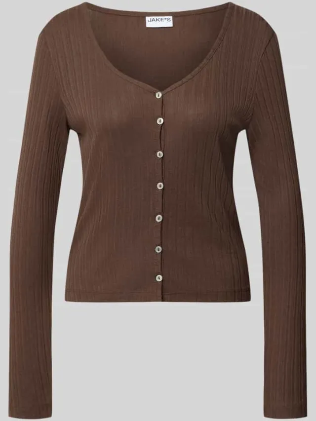 Jake*s Casual Pyjamabovendeel in riblook met v-hals Donkerbruin