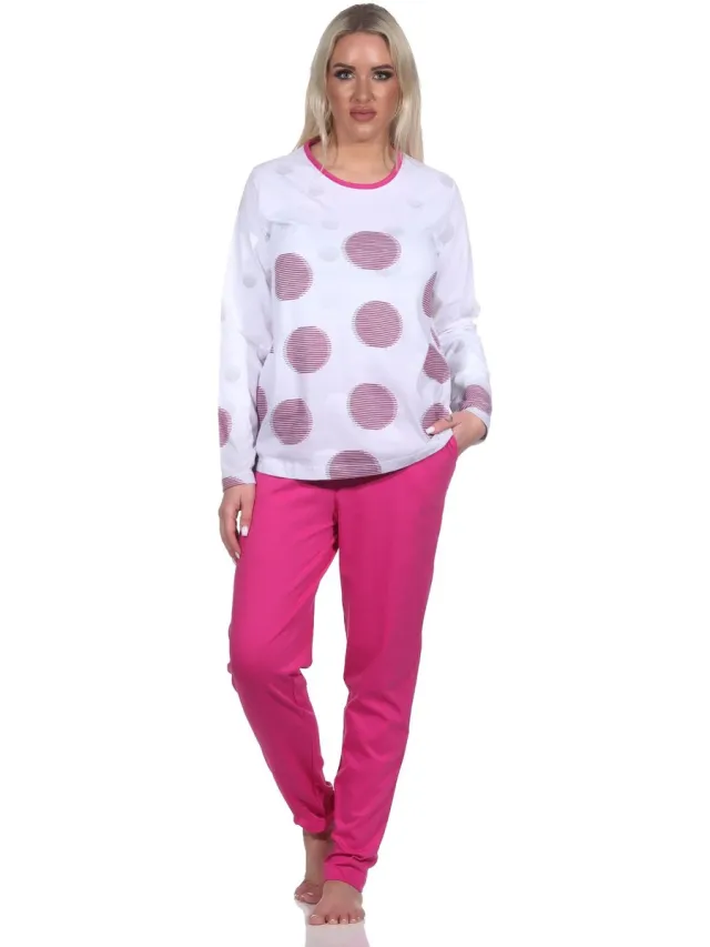 Normann Damen langarm Schlafanzug Pyjama in Tupfen-Punkte Optik - auch in Übergrössen pink