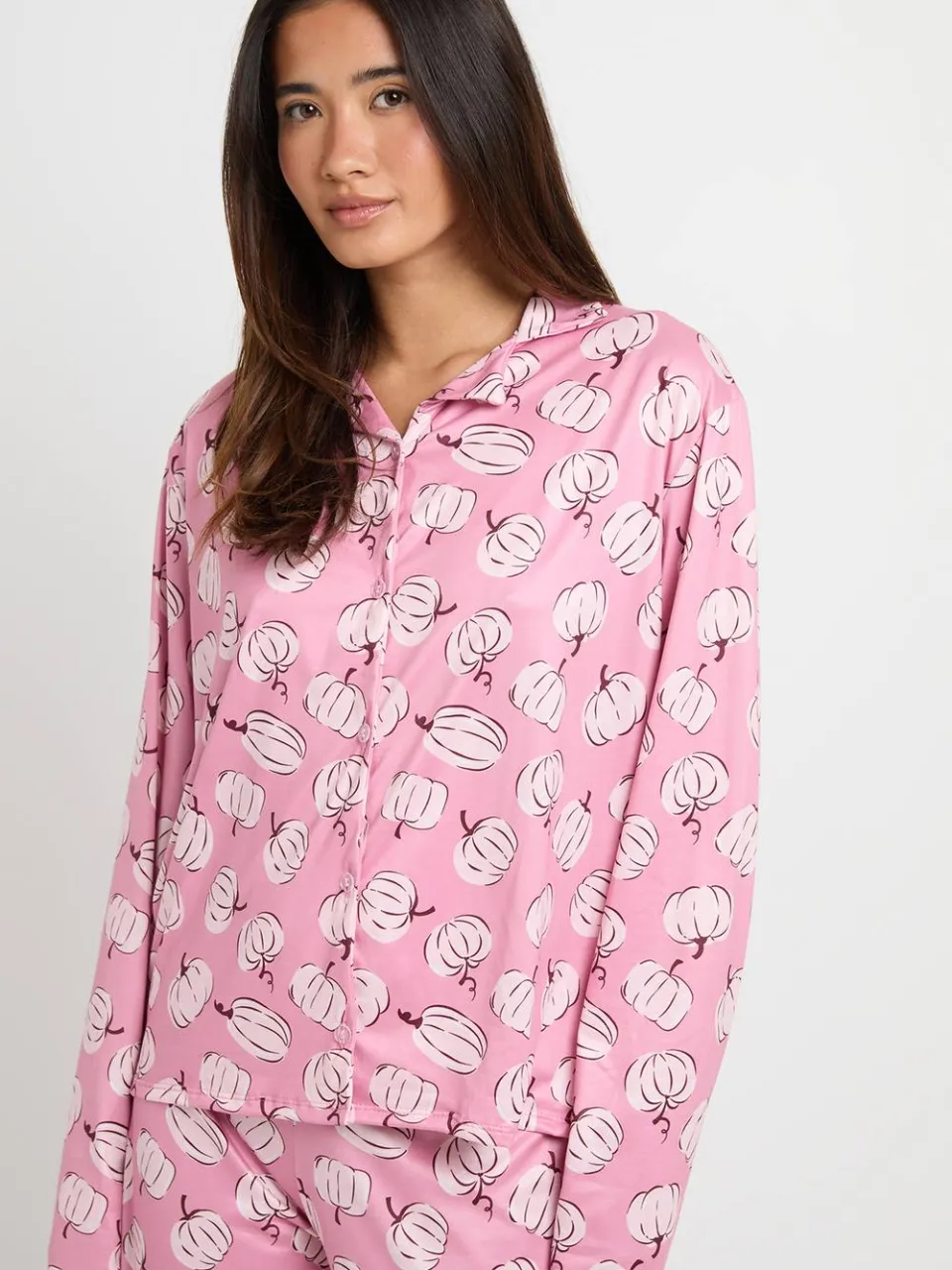 boohoo Dames Pyjama Set Met Pompoenprint, Shirt Met Lange Mouwen & Broek roze, foto 2