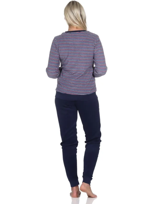 Normann Damespyjama van badstof met lange mouwen en manchetten - ook in oversizes navy3