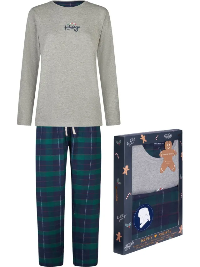 Happy Shorts Dames Kerst Pyjama Set Shirt + Broek Giftbox Grijs/Groen Geruit Flanel