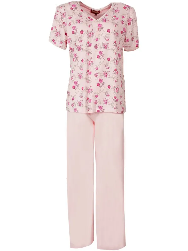 Medaillon Dames Pyjama - Katoen - V Hals - Knoopjes - Roze
