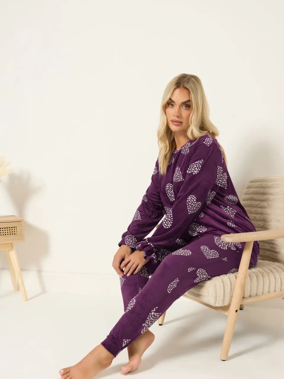Yours Bordeauxrode Fleece Pyjamaset Met Hartprint En Scrunchie-56, foto 2