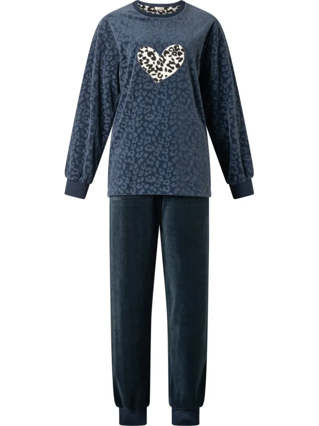 Lunatex warme dames pyjama velours 124209 - navy/zwart Navy-zwart
