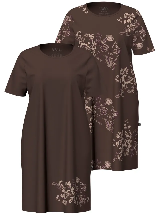 Ulla Popken Dames - Bigshirts set van 2 ronde hals korte mouwen - Dennenbruin - Maat 54+