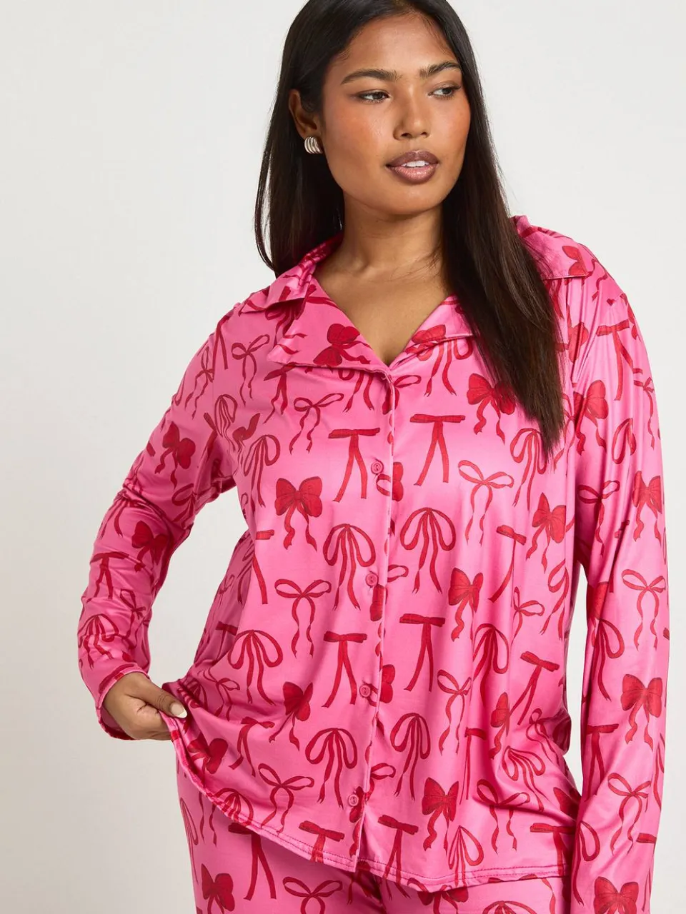 boohoo Dames Plus Strikprint Lange Mouw & Broek Pyjama Set roze, foto 3