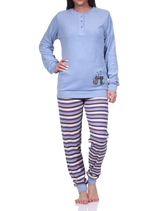 Normann Damespyjama van badstof, pyjama met lange mouwen en schattig kattenmotief hellblau