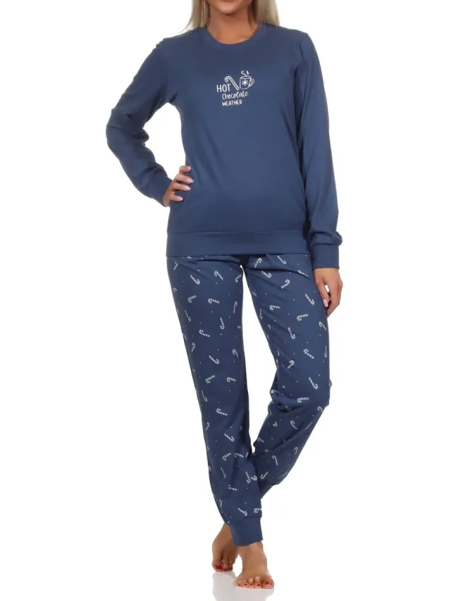 Normann dames kerstpyjama met lange mouwen en manchetten navy