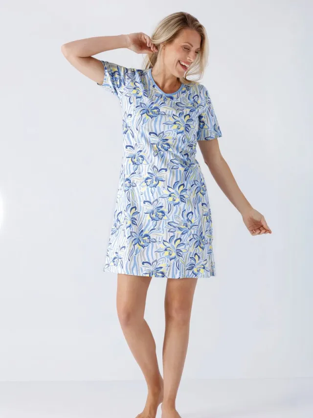 Hajo bloemen nachthemd blauw - Blauw - Maat - 52/54